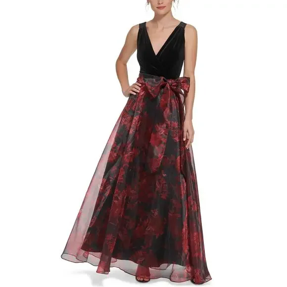 Eliza J | Dresses | Eliza J Floral Jacquard Velvetbodice Ball Gown Plus Size  4 Nwot Glam Tie Waist | Poshmark